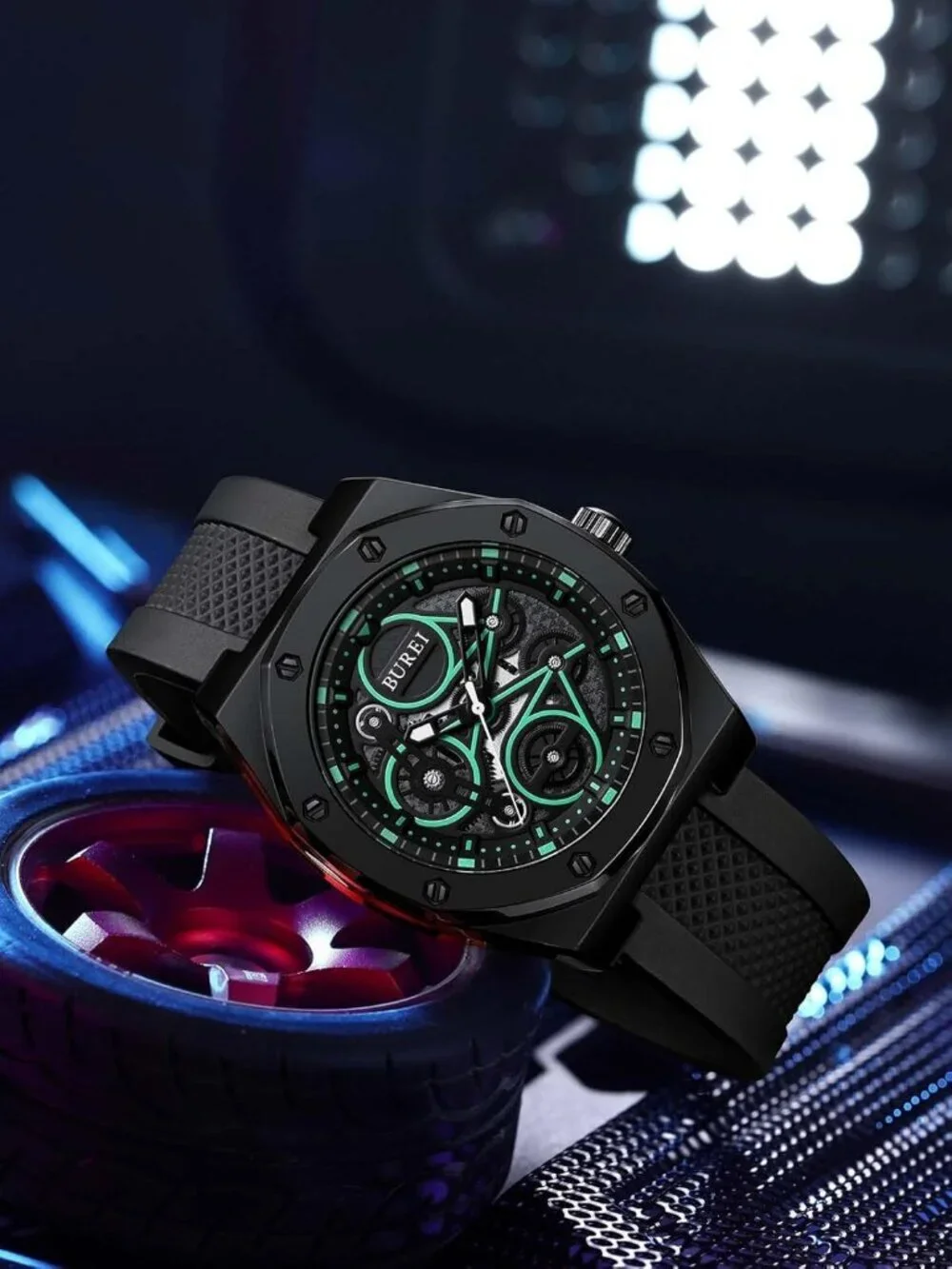 Men's All Black Analog Quartz Silicone Waterproof Geometric Design Classic Watch